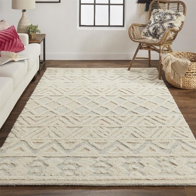 Scandinavian Cream and Blue Wool Geometric Area Rug