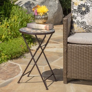 TUYOHW Foldable Patio End Table,Patio Side Table with Sunburst Tile Top for Patio,Garden,Balcony,Beige+Black - 1 of 4