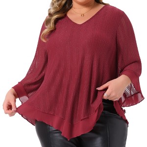 Agnes Orinda Women's Plus Size Double Layers Mesh Ruffle 3/4 Sleeve V Neck Casual Tunic Tops - 1 of 4