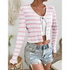 Womens Tie Front Cropped Cardigian V Neck Long Sleeve Stripes Tiny Eyelet Knit Sweater Cardigan - 3 of 4