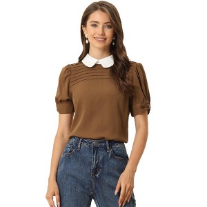 INSPIRE CHIC Women's Vintage Peter Pan Collar Contrast Puff Short Sleeve Blouse - 1 of 4