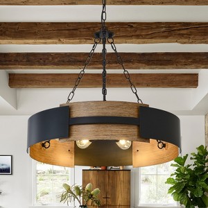 BAOURE 35.3" Drum Chandelier 8-Light Modern Farmhouse Chandelier Large Black and Wood Texture Pendant Light Fixture for Dining Room Kitchen Island - 1 of 4