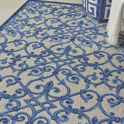 Aloha Contemporary Scroll 5'3" Round Blue/Grey Outdoor Rug
