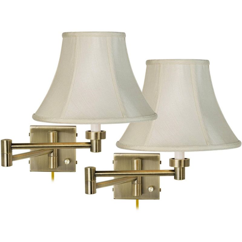 Barnes and Ivy Modern Swing Arm Wall Lamps Set of 2 Antique Brass Plug-In Light Fixture Creme Bell Shade for Bedroom Living Room, 1 of 7