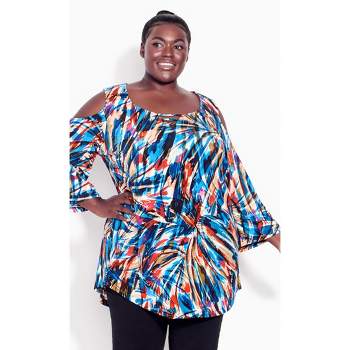 Women's Plus Size Cold Shoulder 3 Bar Print Top - Multi Abstract
