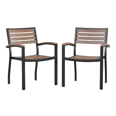 Emma and Oliver Set of 2 Stackable All-Weather Black Aluminum Patio Chairs with Faux Teak Slats