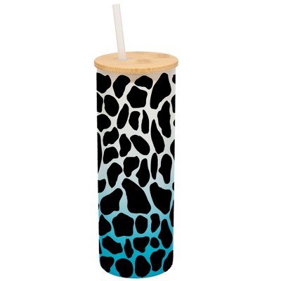 Elanze Designs Giraffe Animal Print Wrap-Around Design 25 Ounce Frosted Gradient Glass On-The-Go Coffee Travel Skinny Tumbler Mug Cup, Bamboo Lid and