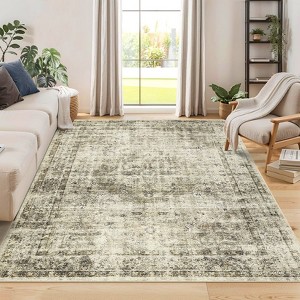 Washable Living Room Rug 8 x 10 Large Vintage Distressed Area Rug with Non-Slip Backing Stain-Resistant Oriental Floor Cover Foldable Carpet - 1 of 4