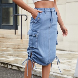 Women Y2k Cargo Long Skirt Vintage High Waist Ruched Slit Midi Maxi Denim Jean Skirt with Pockets - 1 of 4