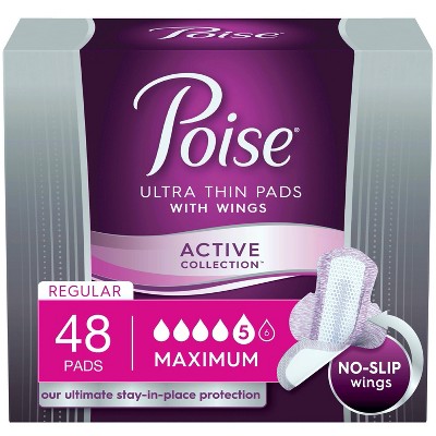 Poise Ultra Thin Incontinence Pads with Wings -  Active Collection -  Maximum Absorbency -  48ct (4 Packs of 12)