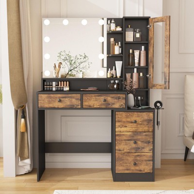 Makeup Vanity Desk with Lighted Mirror and Power Strip, 3 Lighting Modes