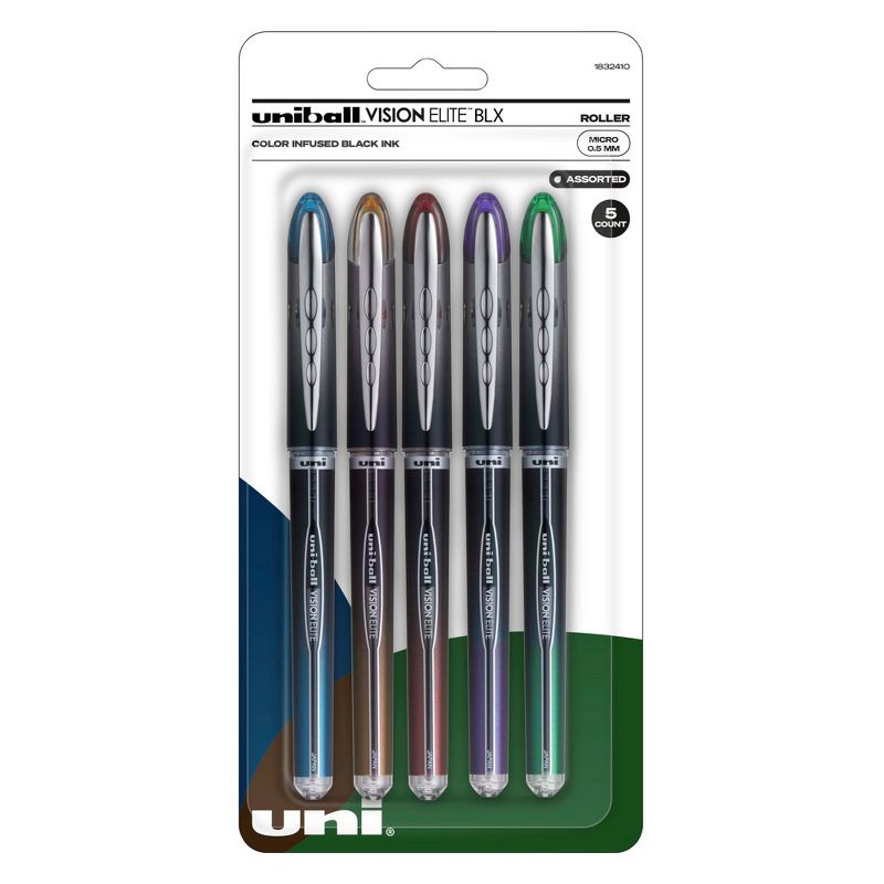 uni Vision Elite Roller Ball Stick Pen, 0.5 mm Micro Tip, Assorted Colors, Pack of 5, 1 of 7