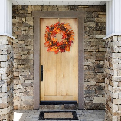 24" Orange Maple Leaf Wreath with Clear Lights and Pinecones