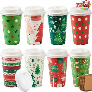 Joyfy 72-Pack Christmas Disposable Cups - 16oz Holiday Drinkware with Lids & Sleeves (8 Designs) for Hot/Cold Beverages - 1 of 4