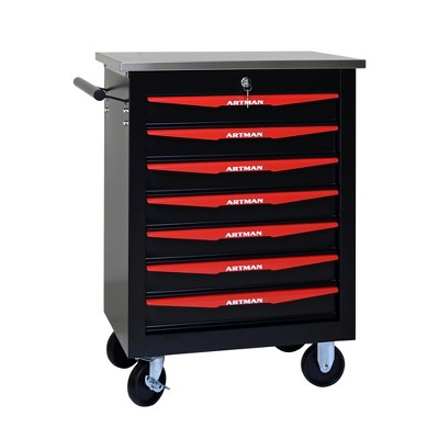 HANPURE 7-Drawer Rolling Tool Cart with Wheels, Metal Storage for Garage Workshop Repair Shop, Stainless Steel Top, Black & Red