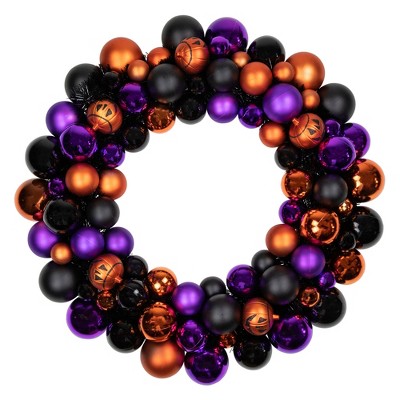 Northlight Jack-O-Lanterns Shatterproof Ball Ornament Halloween Wreath - 24" - Unlit