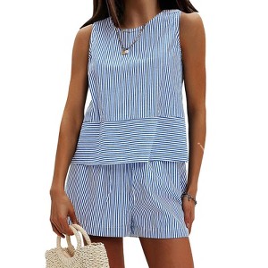 EXLURA Women's Summer 2 Piece Outfits Sleeveless Tank Top Matching Shorts Sets Cotton Striped Sweatsuits Vacation Beach 2025 - 1 of 4