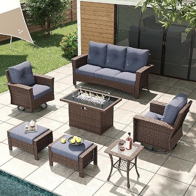 LayinSun Wicker Patio Furniture Set with Fire Pit Table, Classis Outdoor Conversation 360 Degree Swivel Chairs Set with Coffee Table