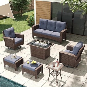 LayinSun Wicker Patio Furniture Set with Fire Pit Table, Classis Outdoor Conversation 360 Degree Swivel Chairs Set with Coffee Table - 1 of 4