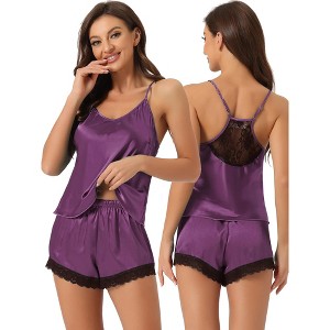 cheibear Women's Satin Sliky Sleeveless Lace Trim Camisole Tops with Shorts Pajamas Sets - 1 of 4