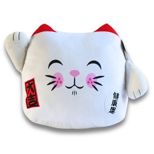 Maneki Neko Printed Cushion Soft Velboa 12 inch / 30cm x 31cm White Closed Eye - 1 of 2