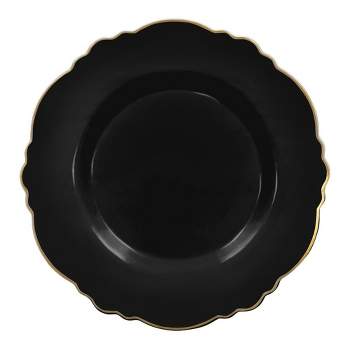 Smarty Had A Party 10.25" Black with Gold Rim Round Blossom Disposable Plastic Dinner Plates (120 Plates)