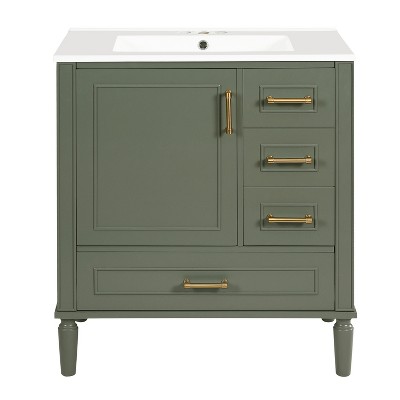 Vynxaria 30-Inch Green Bathroom Vanity - Ceramic Sink, Soft-Close Door (Built-in Shelf), 3 Drawers, Modern Functional for Small Bathrooms