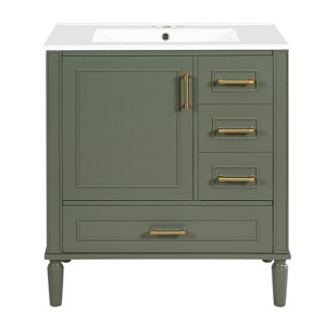 Vynxaria 30-Inch Green Bathroom Vanity - Ceramic Sink, Soft-Close Door (Built-in Shelf), 3 Drawers, Modern Functional for Small Bathrooms - 1 of 4