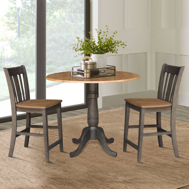 3pc 42&#34; Round Dual Drop Leaf Counter Height Dining Table with 2 Splat Back Stools Hickory/Washed Coal - International Concepts, 2 of 11