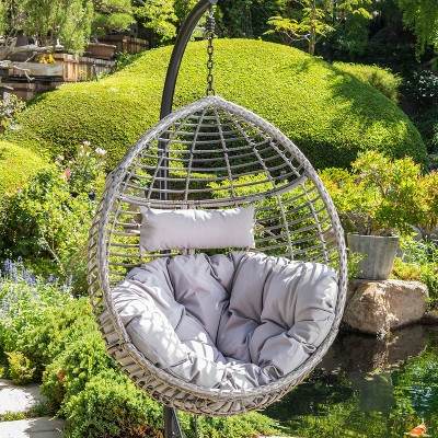 Gray Wicker Hanging Hammock Chair with Cushions