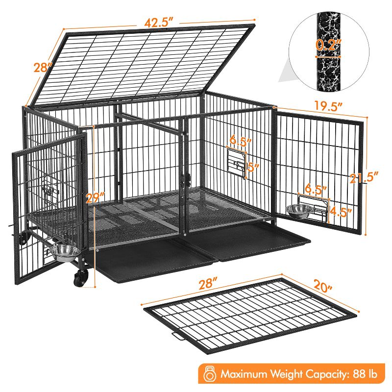 Yaheetech 42.5" W Rolling Dog Crate for Small Dogs, Black, 3 of 10