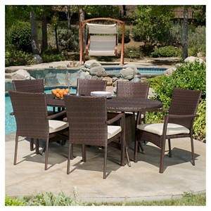 McNeil 7pc Wicker Dining Set with Cushions: Weather-Resistant, Oval Table, Polyester - Christopher Knight Home - 1 of 4