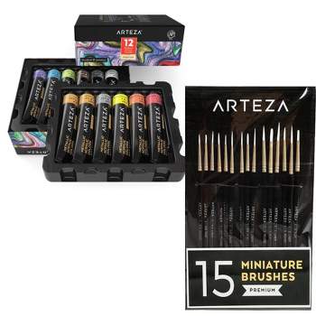 Arteza Painter's Set - 12 Pack of 22ml Metallic Acrylic Paints and 15 Detail Paint Brushes Bundle