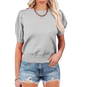 Coolmee Women's Puff Short Sleeve Sweater Tops Fashion Business Casual Knit Crew Neck T Shirts Outfits Work Blouses Clothes - 1 of 3