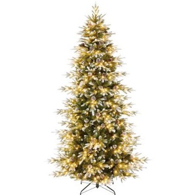 Frosted Christmas Tree, Flocked Christmas Tree with Pine Cones, 240 Warm White Lights-8 Modes, Metal Stand, PE & PVC Pencil Xmas Trees