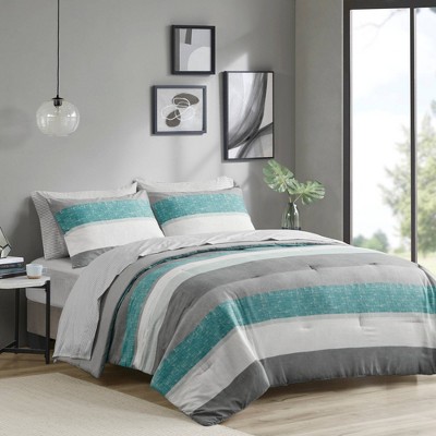 Aqua and Grey Reversible Microfiber Full Bedding Set