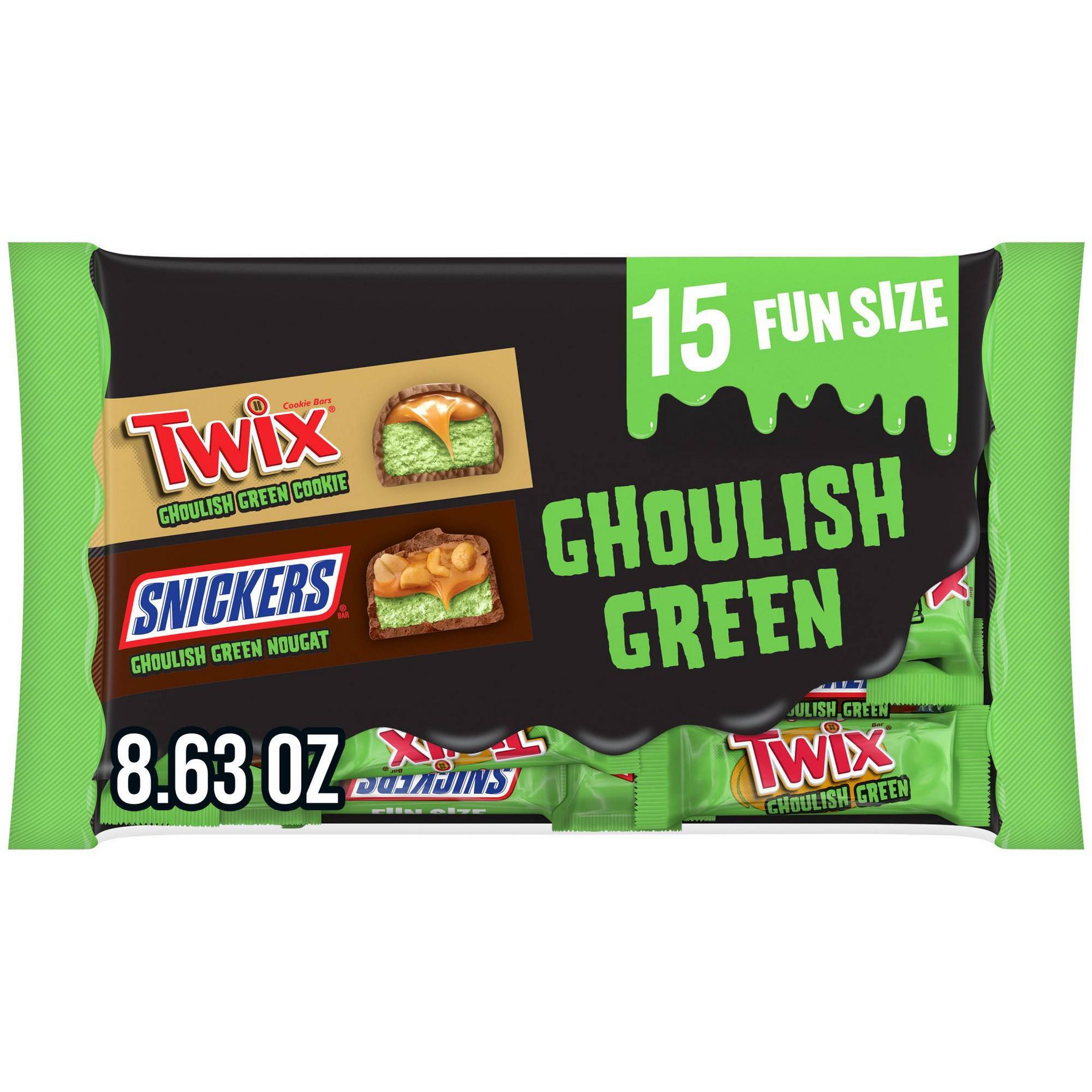 Snickers, Twix Halloween Candy Fun Size Ghoulish Green Chocolate Variety Bag Mix - 8.63oz/15ct