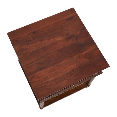 Dark Chestnut Solid Wood End Table with Cane Shelf and Drawer