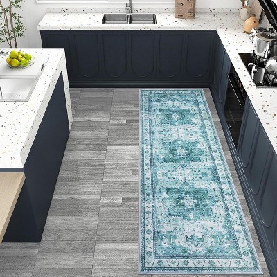 Washable Runner Rugs, Floral Vintage Distress Rugs, Traditional Medallion Non-Slip Foldable Stain-Resistant Soft Low Pile Rugs