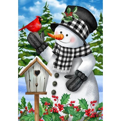 Checkered Snowman Winter Garden Flag with Cardinal and Berries 12.5" x 18"