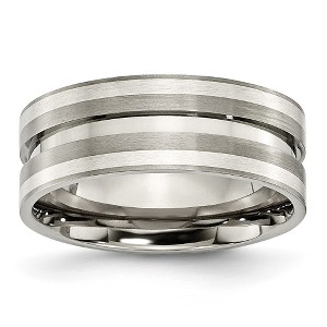 Black Bow Jewelry 8mm Titanium & Sterling Silver Inlay Brushed Grooved Standard Fit Band - 1 of 4