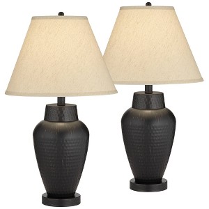 Regency Hill Modern Table Lamps 25" High Set of 2 Rustic Hammered Bronze Metal Vase Natural Linen Empire Shade for Living Room Bedroom - 1 of 4