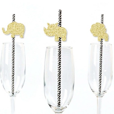 Big Dot of Happiness Gold Glitter Lion, Giraffe, Rhino & Elephant Party Straws - No-Mess Real Gold Glitter Cut-Outs and Paper Straws - Set of 24