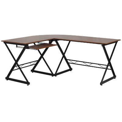 Teakwood Laminate L-Shape Computer Desk with Black X-Base