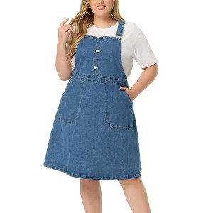 Agnes Orinda Women's Plus Size Button Decor Adjustable Strap Casual Midi Denim Suspender Overall Dresses with Pocket - 1 of 4