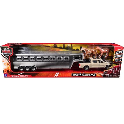 Toyota Tundra Pro Truck Beige with Trailer Chrome and Horse Figures "Long Haul Truckers" Series 1/32 Die Cast Model by New Ray