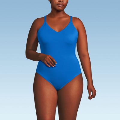 Lands' End Women's Tugless QuickDry V-Neck Multi-Way High Leg One Piece Swimsuit