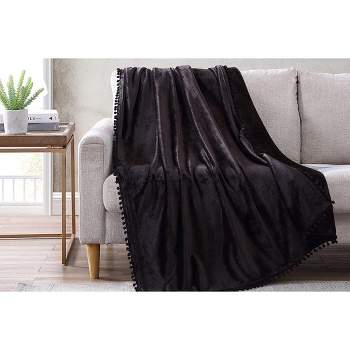 The Nesting Company Walnut Flannel Extra Soft Pompom Throw Blanket 50" x 70"  - Black
