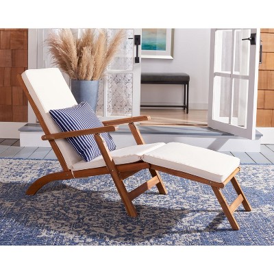 Acacia Wood White Chaise Lounge Chair with Striped Pillow
