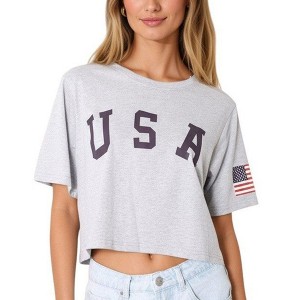 Anna-Kaci Women's Letter Print Crop Top Short Sleeve July 4th USA Flag T-Shirt - 1 of 4